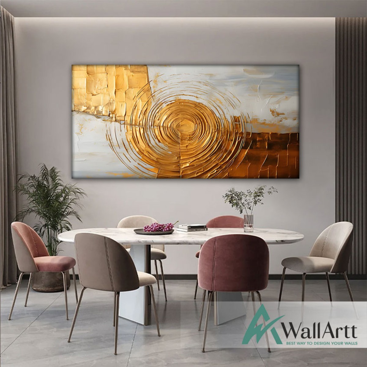 Orange Circle with Gold Foil 3d Heavy Textured Partial Oil Painting - Wall Art